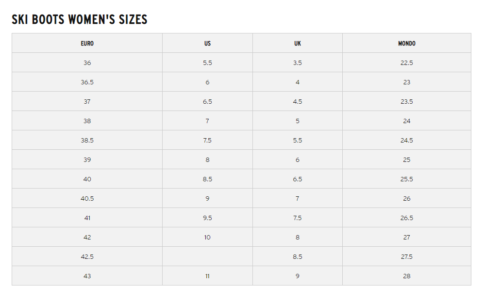 Размеры женских лыжных ботинок HEAD
